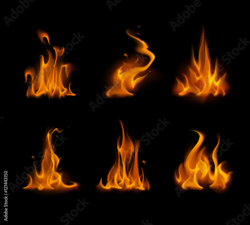 Set of Yellow Orange Fire Flame Bonfire Isolated on Background