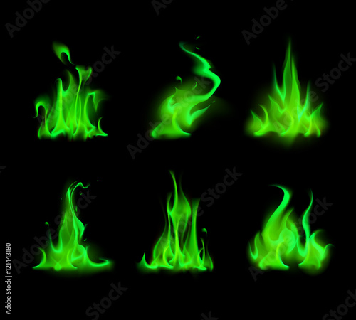 Set of Different Green Fire Flame Bonfire Isolated on Background