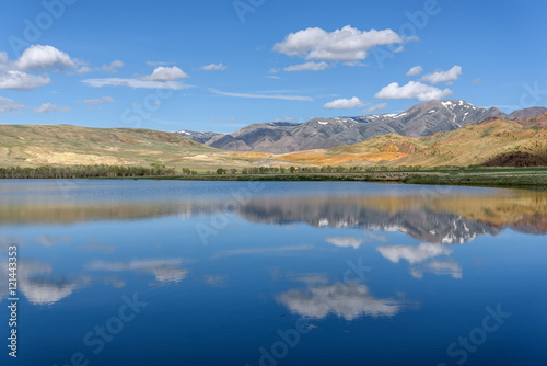 lake mountains reflection sky clouds