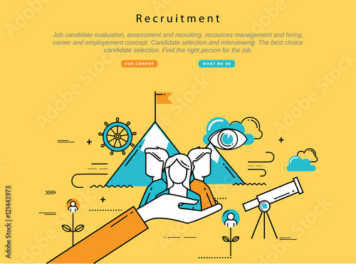 Line flat vector business design and infographic elements for job candidate evaluation, interviewing, assessment, recruiting, resources and corporate management, hiring, employment, career concept