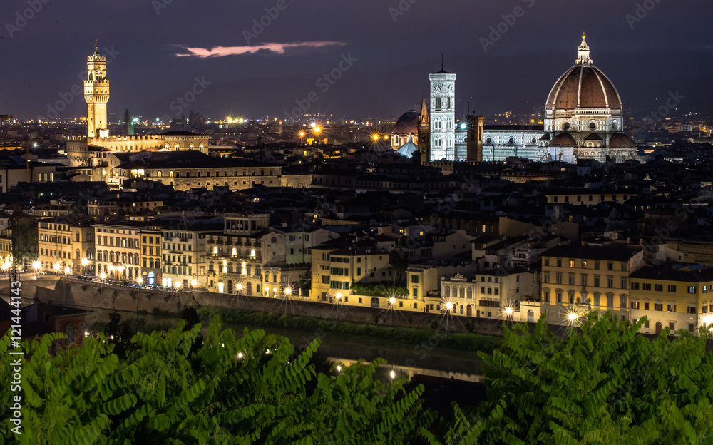 View of city of Florence at night. Italy. Tourist destination. Vintage, historic, old town.