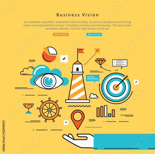 Flat line modern corporate business vector illustration design and infographic elements for strategic planning, company vision statement, business mission, goals management and leadership concept