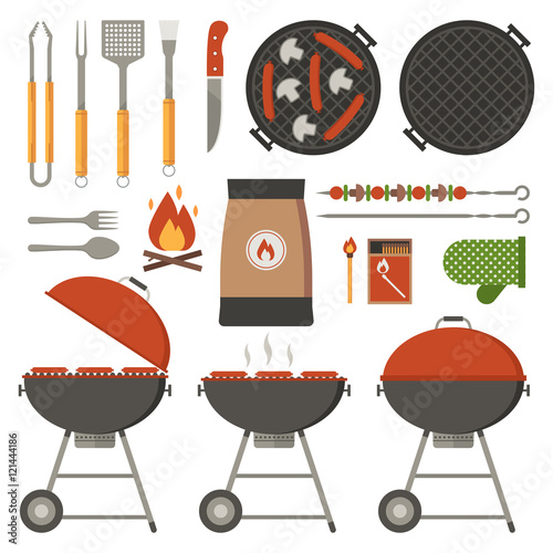 Barbecue tools collection. BBQ utensils set. Barbeque grill appliances vector icons.