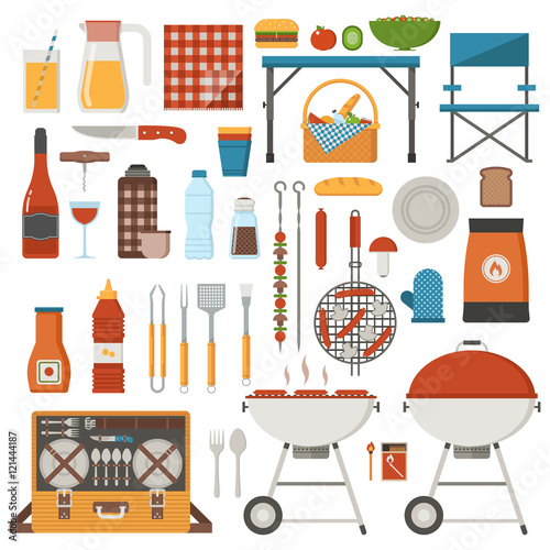 Barbeque and picnic elements set. Family weekend collection with barbecue grill, bbq utensils, grill food and grilling tools. Vegetarian barbecue set with soy sausages, mushrooms and vegetables.