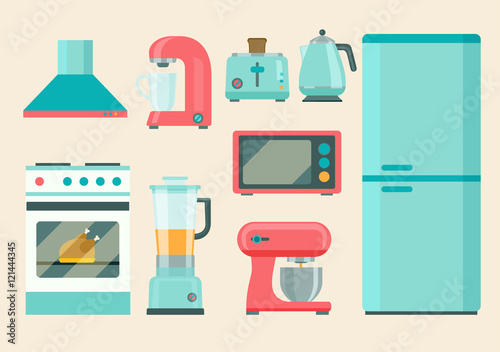 Kitchen retro appliances set. Coffee machine , electric kettle,refrigerator, toaster, blender, juicer, microwave, stove. Flat icons. Vector illustration