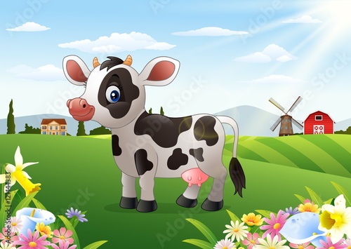 Cartoon cow in rural landscape with blooming flowers