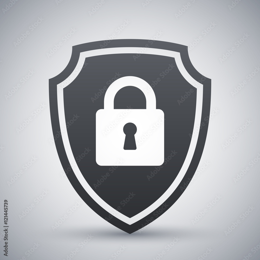 Vector Protective shield icon with the image of a padlock. Security concept simple icon on a light gray background Vector Protective shield icon with the image of a padlock. Security concept simple icon on a light gray background