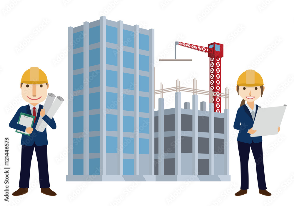 building construction site and architects, cartoon illustration Stock ...