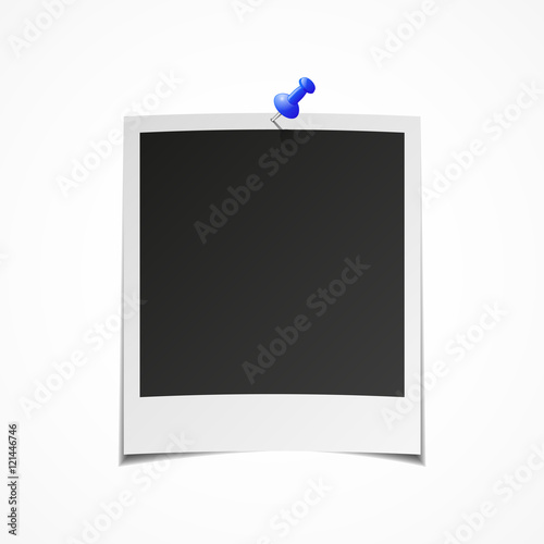 Old photo frame with push pin, vector illustration