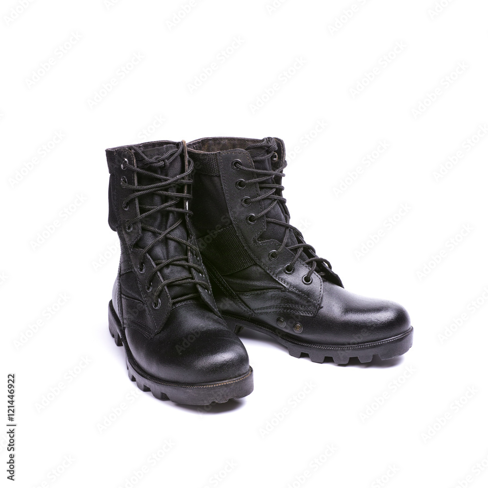 black leather boots(shoes) for military  isolated white.