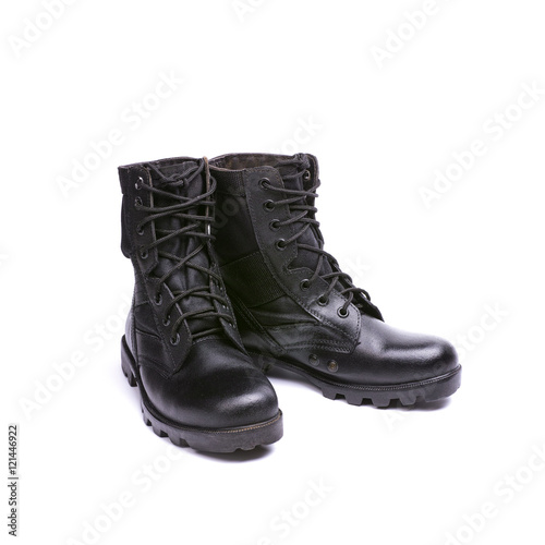 black leather boots(shoes) for military isolated white.