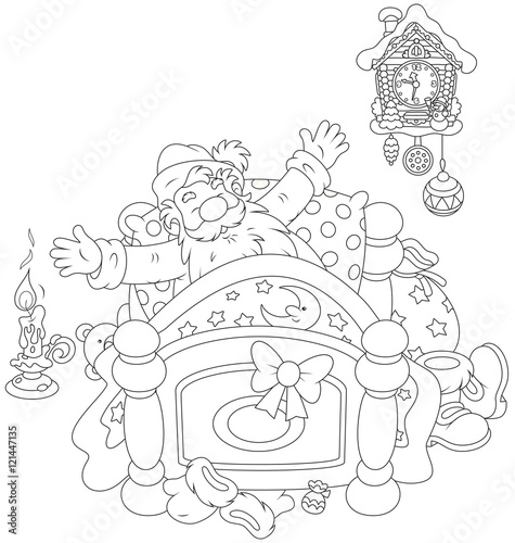 Santa Claus yawning and stretching oneself in his bed