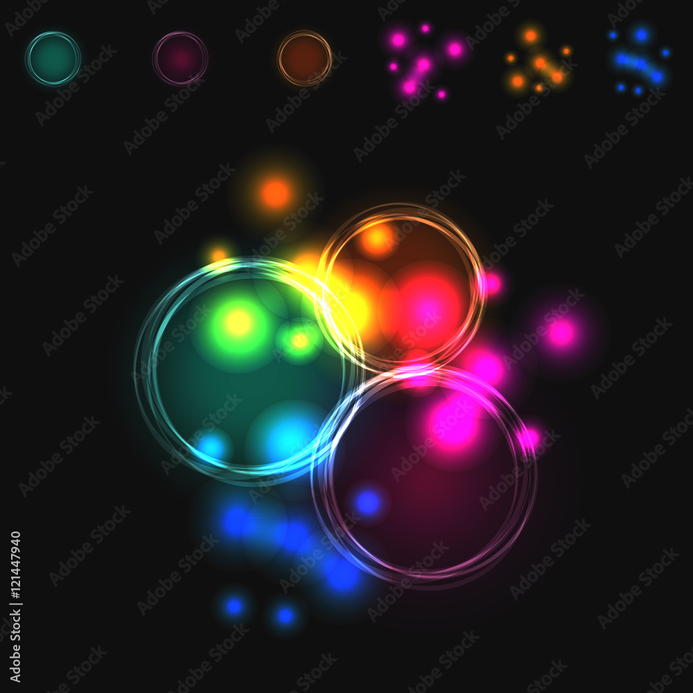 Abstract vector blurred colorful intersecting circles. Pink, blue and green luminescence light effect.