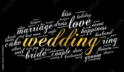 Wedding word cloud on black background. Vector illustration.