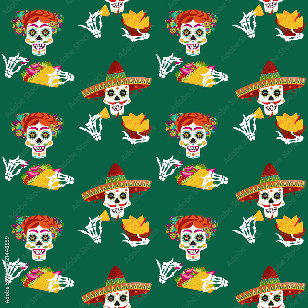 Mexican food. Smiling skulls with nachos and tacos. Seamless background pattern.