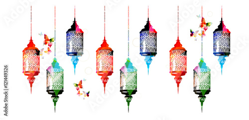 Colorful Ramadan Kareem lamps with butterflies vector illustration. Muslim celebrations, festivals and traditional events background. Festive arabic lamps design for card, invitation, brochure, banner