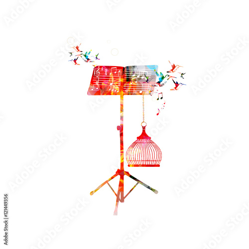 Creative music style template vector illustration, colorful music stand with music notes and birds, nature inspired background. Design for poster, brochure, banner, concert, festival and music shop