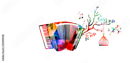Creative music style template vector illustration, colorful accordion, nature inspired instrument background with birds. Design for poster, flyer, brochure, banner, concert, music festival, music shop