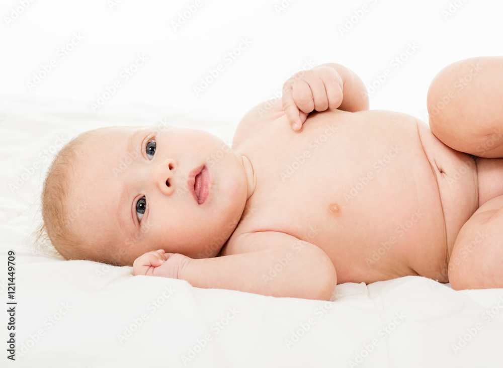 Beautiful happy baby. One, isolated on white. Beautiful happy baby. One, isolated on white.