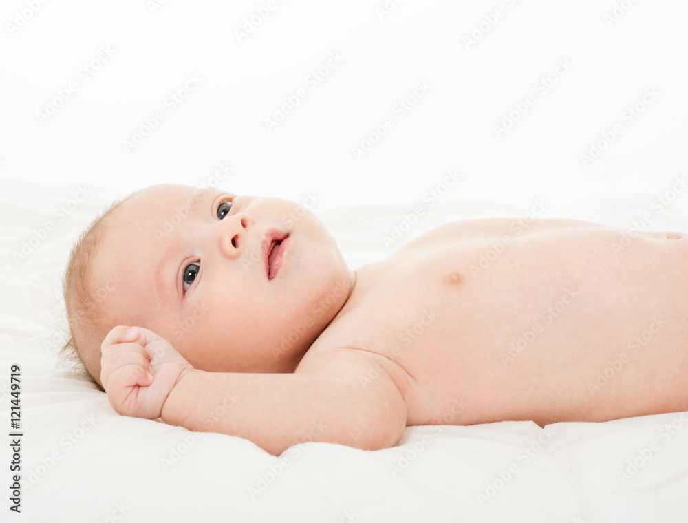 Beautiful happy baby. One, isolated on white. Beautiful happy baby. One, isolated on white.