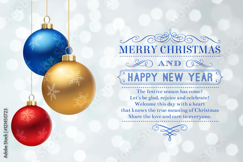 Christmas greeting card with decorative balls and text