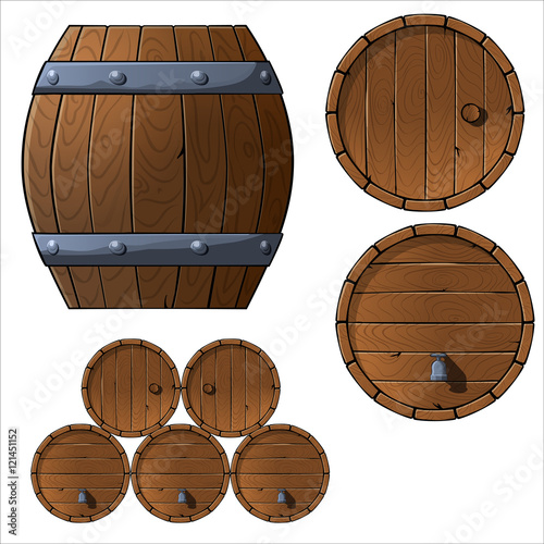 Set of wooden barrels and boxes.
