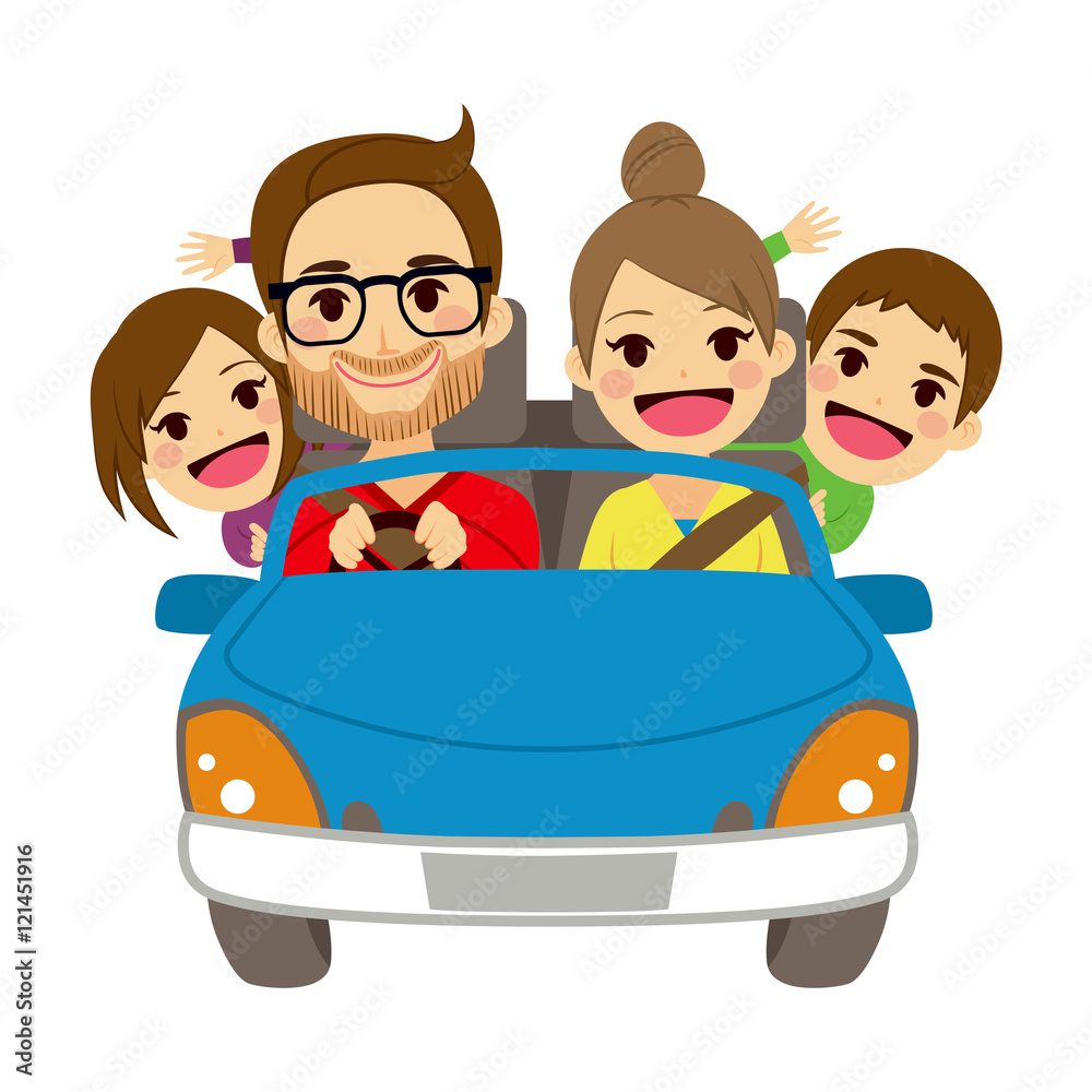 Illustration of cute happy family of four members traveling on blue car Illustration of cute happy family of four members traveling on blue car