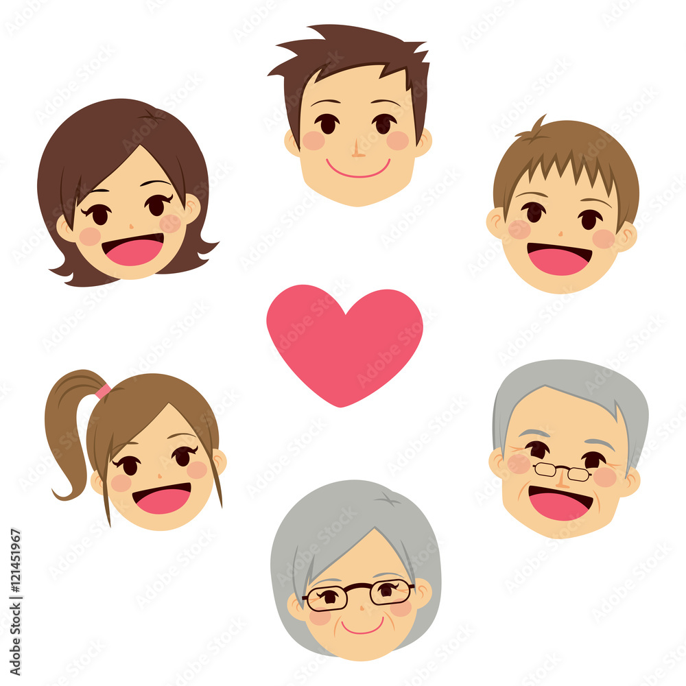 Cute happy family members faces making circle around heart Cute happy family members faces making circle around heart