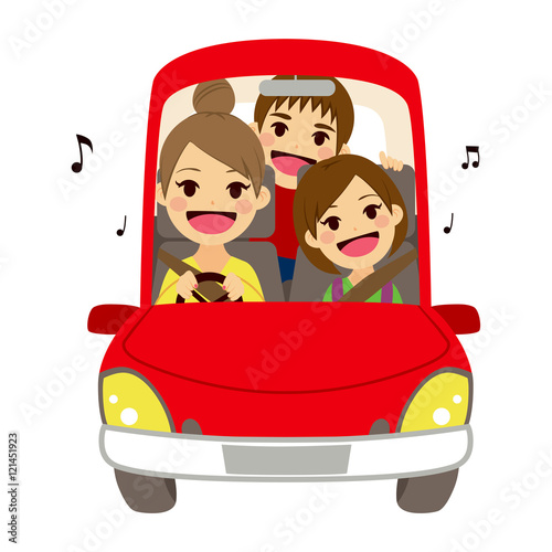 Happy mom and kids singing on car driving to school