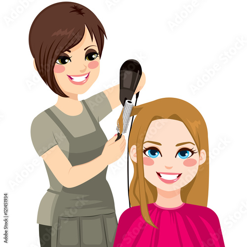 Beautiful hairdresser working drying and combing hair of customer woman