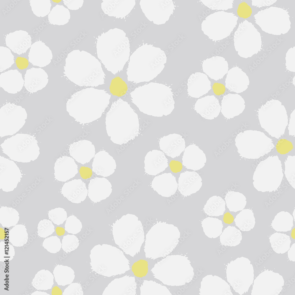 Hand painted floral seamless pattern in white and yellow on gray background.