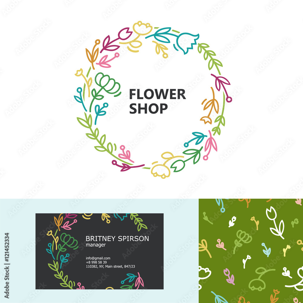 Premium business identity set with logo, business card design and seamless pattern for flower shop. Line style design.