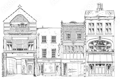 Fototapeta Old English town houses with small shops or business on ground floor. Bond street, London. Sketch collection