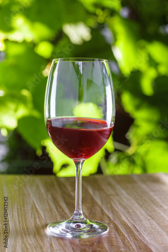 Glass of vintage red wine on a table, grapevine on background. Outdoor shot.