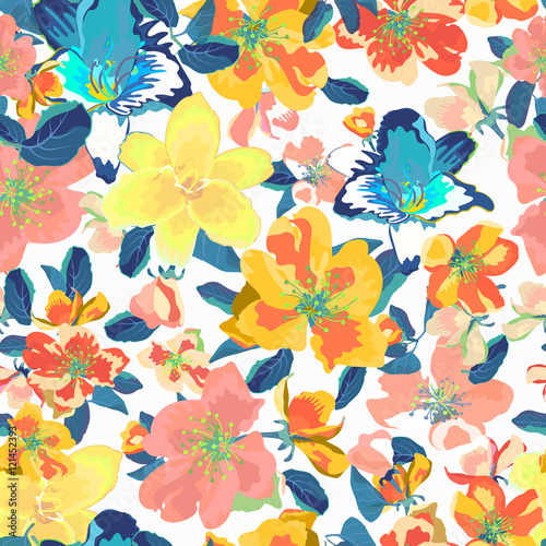 Abstract seamless pattern with isolated hand drawn flowers. 