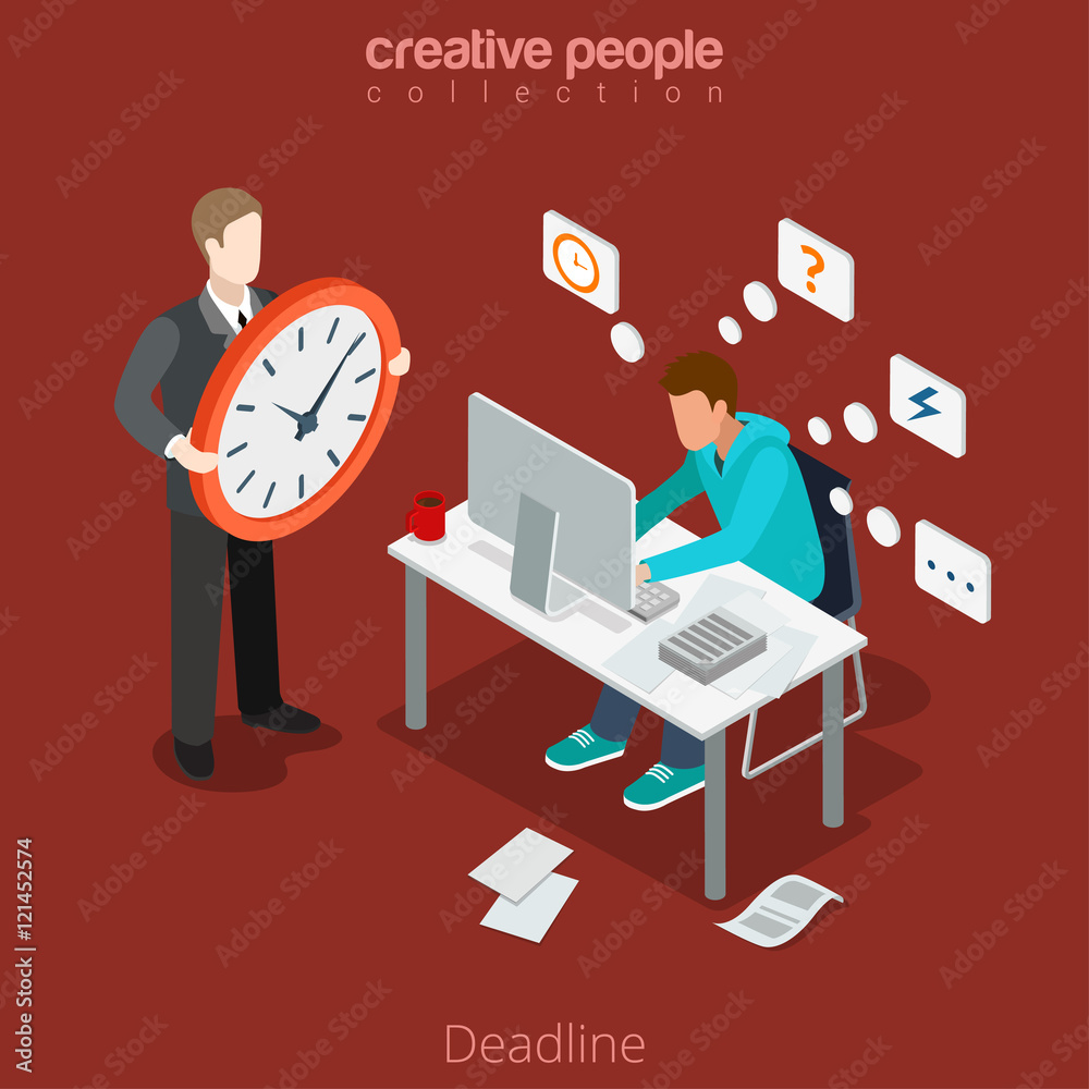 Flat isometric Deadline business man hurry boss clock vector 3d