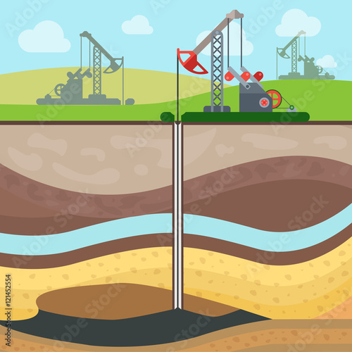 Flat drilling rig oil field soil layers vector nature resources