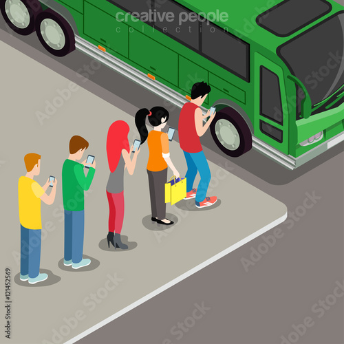 Flat isometric Online addiction people bus phone screen vector