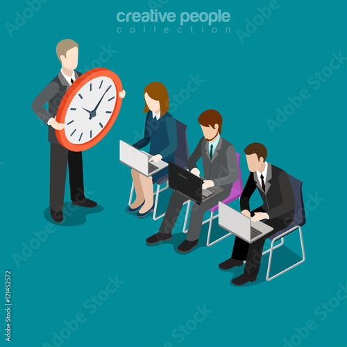 Flat isometric people hurry leader clock vector 3d rush deadline