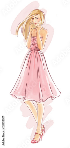 Hand-drawn fashion model, watercolor illustration of woman touch her face