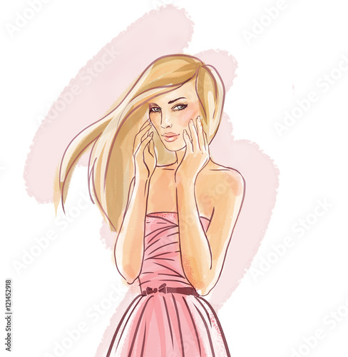 Hand-drawn fashion model, watercolor illustration of woman touch her face