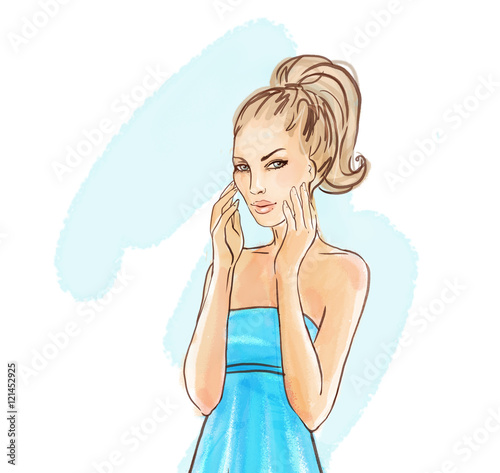 Hand-drawn fashion model, watercolor illustration of woman touch her face