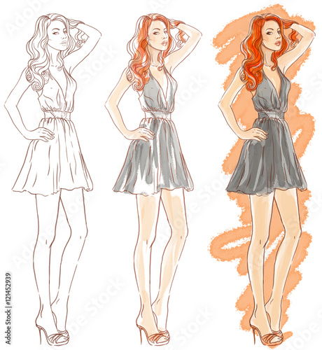 Making fashion watercolor illustration (model, redhead woman touch her hair)