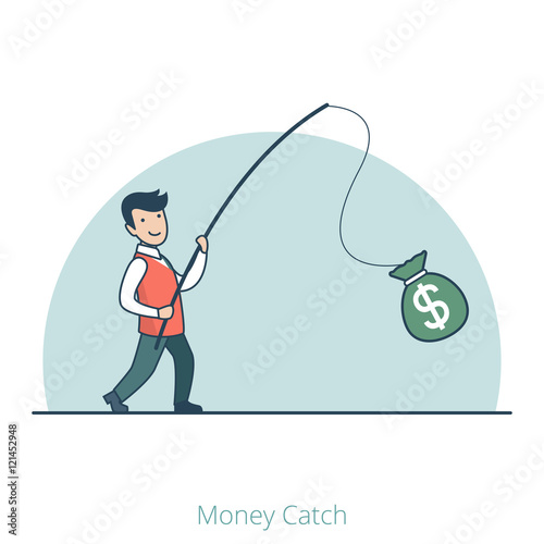 Linear Flat Business man caught money bag rod vector profit