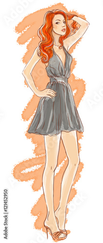 Hand-drawn fashion model, watercolor  illustration of redhead woman touch her...