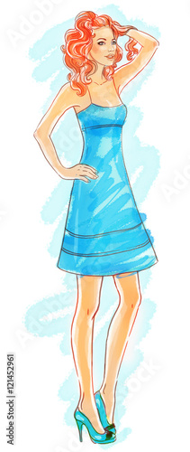 Hand-drawn fashion model, watercolor illustration of redhead woman touch her ...