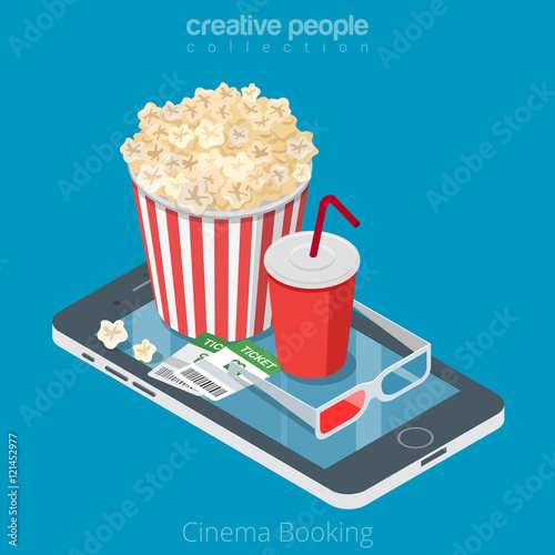 Flat isometric online booking Cinema ticket smartphone vector 3d