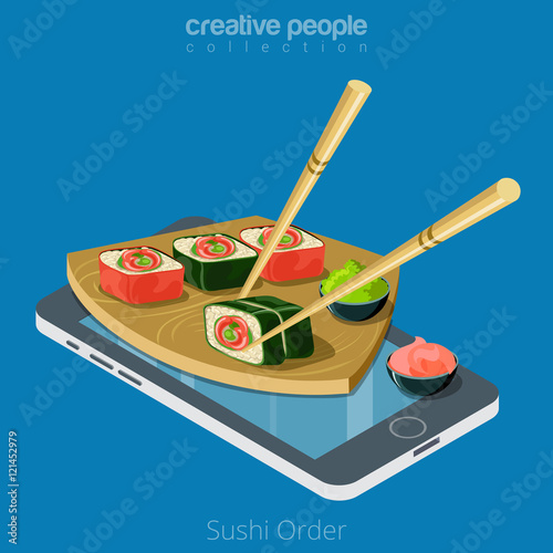 Flat isometric online mobile order Sushi smartphone vector 3d