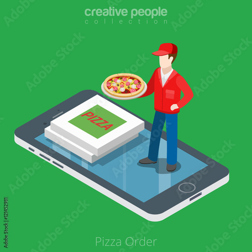 Flat isometric online order Pizza boy smartphone vector 3d