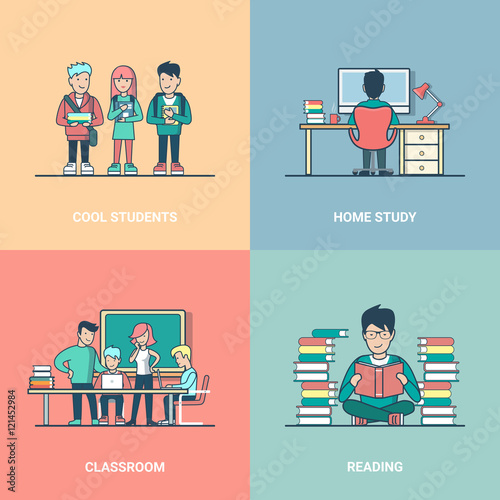 Linear Flat Education set student read study class room vector